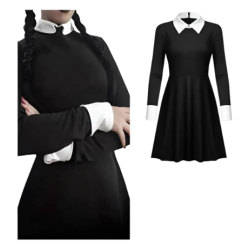 Vestido Merlina negro con cuello y puños blancos – Talles M/L/XL