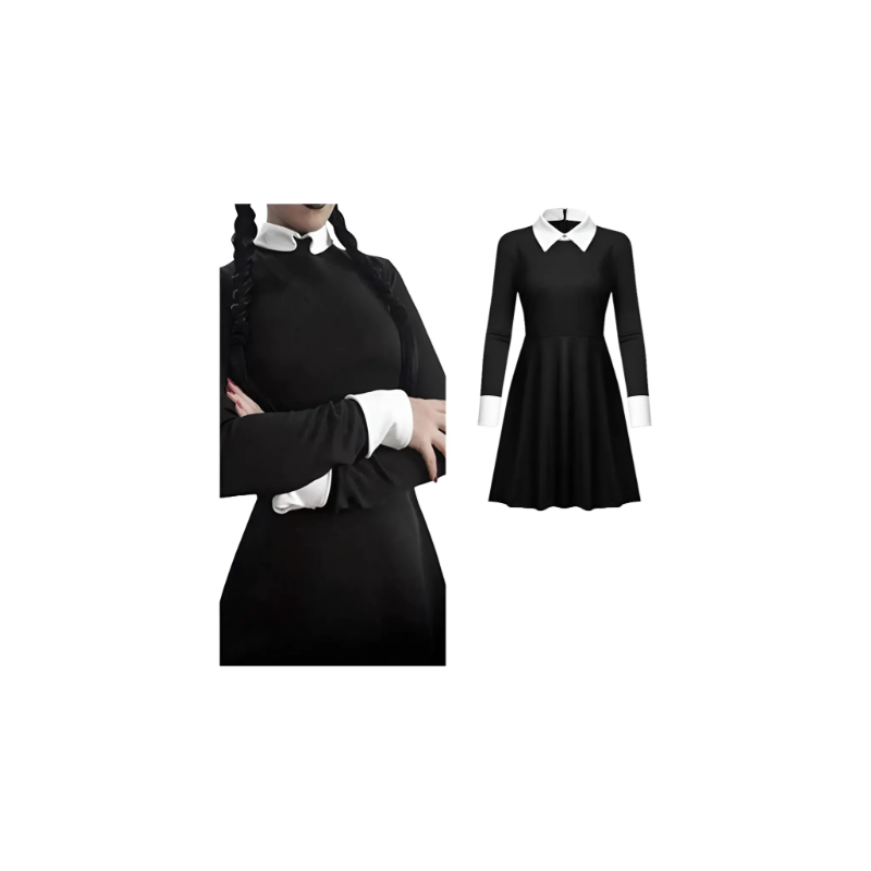 Vestido Merlina negro con cuello y puños blancos – Talles M/L/XL