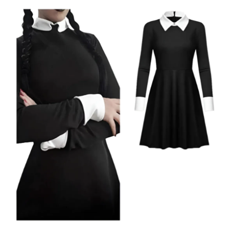 Vestido Merlina negro con cuello y puños blancos – Talles M/L/XL