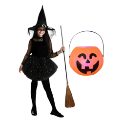 Disfraz brujita niña: tutú, sombrero, calabaza y escoba