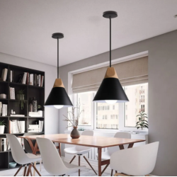 Lámpara Colgante Nórdica Campana Metal/Madera Negra Ø21,5