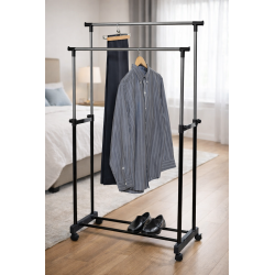 Perchero Doble Extensible y Regulable con Ruedas y Estante Inferior